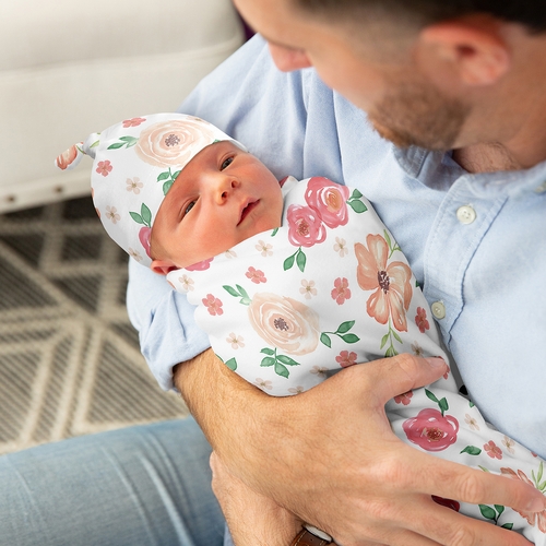 Watercolor Floral Peach and Green Collection Baby Cocoon and Beanie Hat - 2 Piece Set - alt image 2