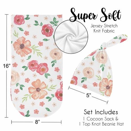Watercolor Floral Peach and Green Collection Baby Cocoon and Beanie Hat - 2 Piece Set - alt image 4