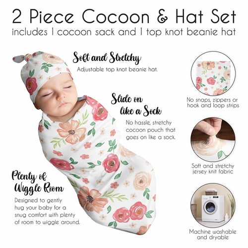 Watercolor Floral Peach and Green Collection Baby Cocoon and Beanie Hat - 2 Piece Set - alt image 5