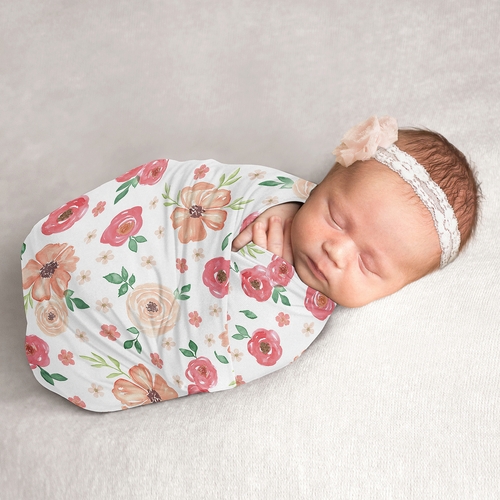 Watercolor Floral Peach and Green Collection Baby Swaddle Blanket