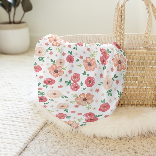 Watercolor Floral Peach and Green Collection Baby Swaddle Blanket - alt image 3