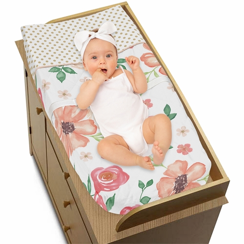 Watercolor Floral Peach and Green Collection Changing Pad Cover - alt image 2