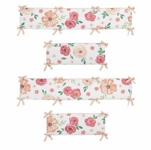 Watercolor Floral Peach and Green Collection Crib Bumper Pad