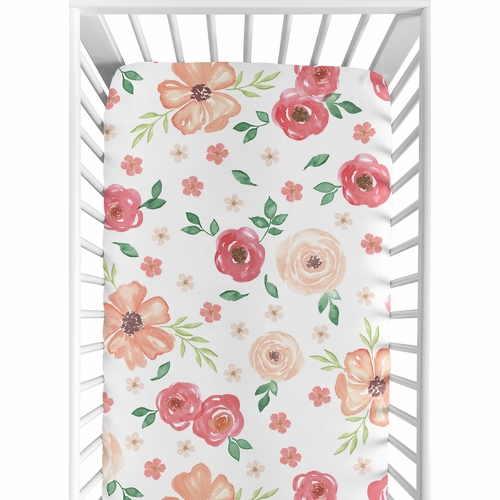 Watercolor Floral Peach and Green Collection Crib Sheet