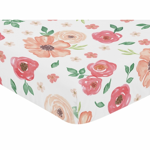 Watercolor Floral Peach and Green Collection Crib Sheet - alt image 2
