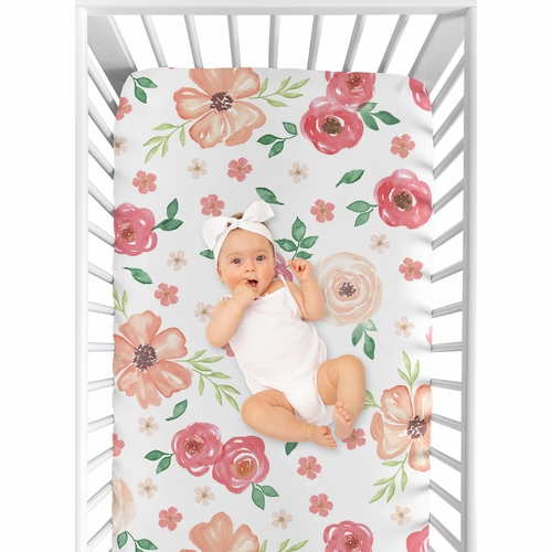 Watercolor Floral Peach and Green Collection Crib Sheet - alt image 3
