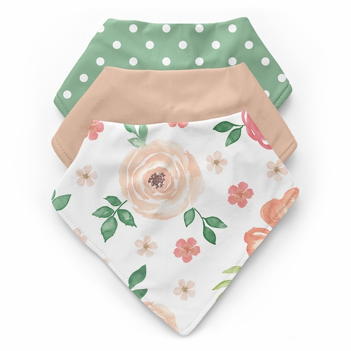 Watercolor Floral Peach and Green Collection Fabric Bandana Baby Bibs - 3 Pack Set