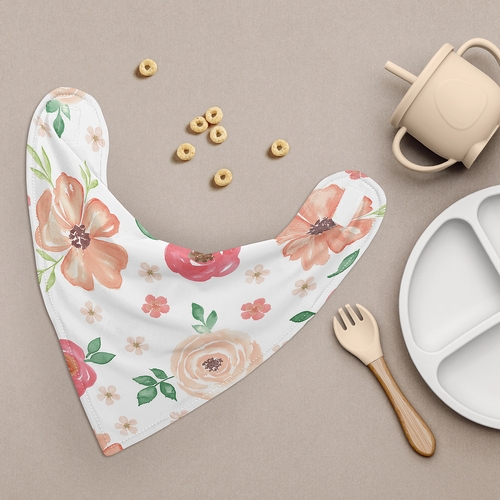 Watercolor Floral Peach and Green Collection Fabric Bandana Baby Bibs - 3 Pack Set - alt image 1