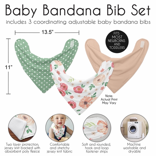 Watercolor Floral Peach and Green Collection Fabric Bandana Baby Bibs - 3 Pack Set - alt image 2