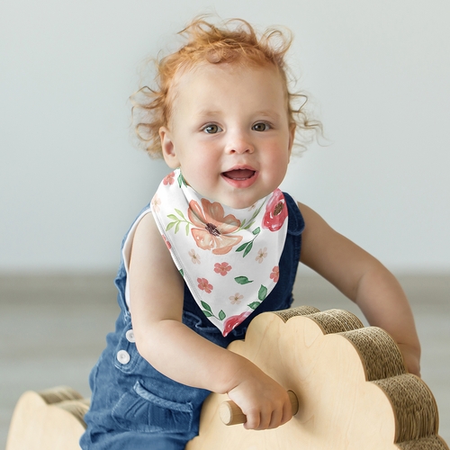 Watercolor Floral Peach and Green Collection Fabric Bandana Baby Bibs - 3 Pack Set - alt image 3
