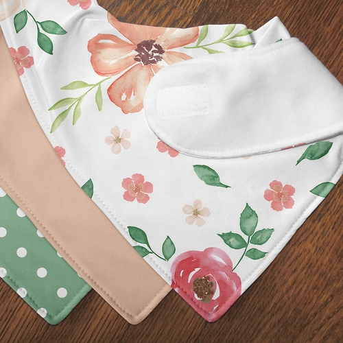 Watercolor Floral Peach and Green Collection Fabric Bandana Baby Bibs - 3 Pack Set - alt image 4