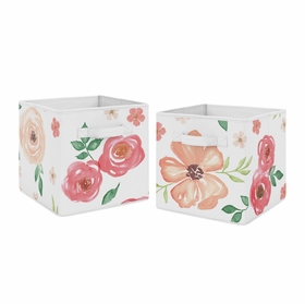 Watercolor Floral Peach and Green Collection Foldable Fabric Storage Bins - Set of 2