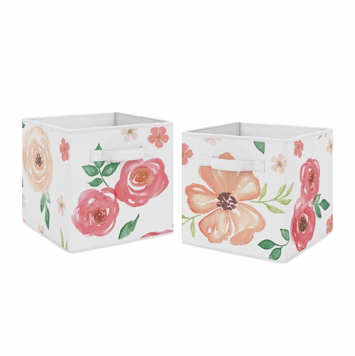 Watercolor Floral Peach and Green Collection Foldable Fabric Storage Bins - Set of 2