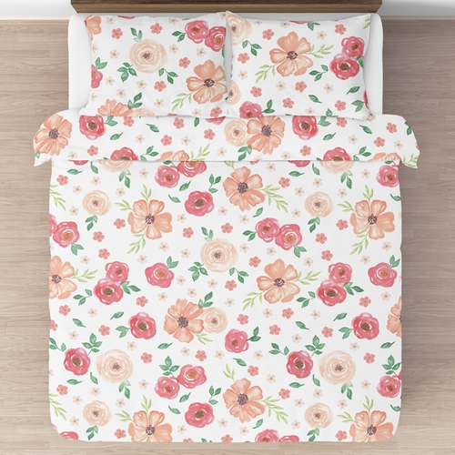 Watercolor Floral Peach and Green Collection Full/Queen Bedding - alt image 1