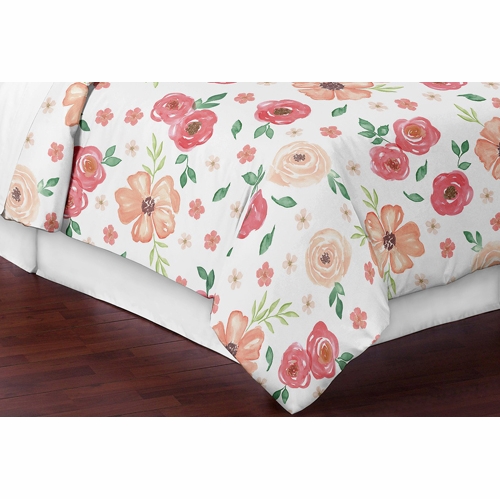 Watercolor Floral Peach and Green Collection Full/Queen Bedding - alt image 4