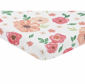 Watercolor Floral Peach and Green Collection Mini Crib Sheet