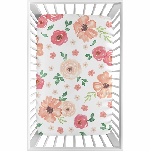 Watercolor Floral Peach and Green Collection Mini Crib Sheet - alt image 1