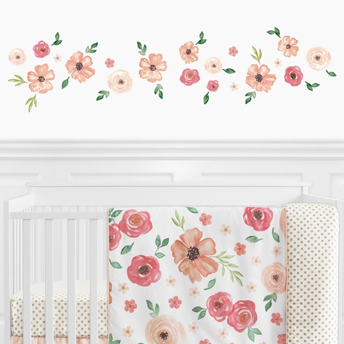 Watercolor Floral Peach and Green Collection Peel and Stick Wall Decal Stickers - Set of 4 Sheets