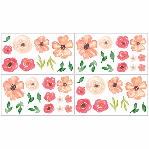 Watercolor Floral Peach and Green Collection Peel and Stick Wall Decal Stickers - Set of 4 Sheets - alt image 1