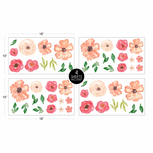 Watercolor Floral Peach and Green Collection Peel and Stick Wall Decal Stickers - Set of 4 Sheets - alt image 3