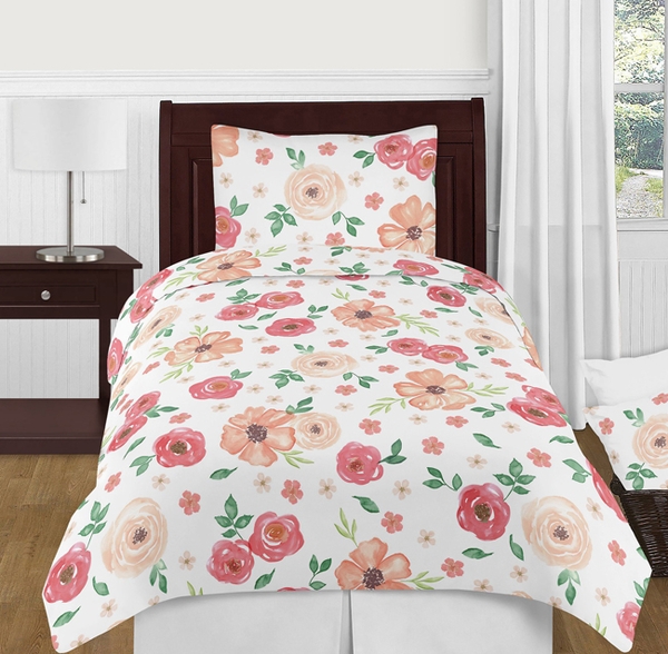Watercolor Floral Peach and Green Collection Twin Bedding