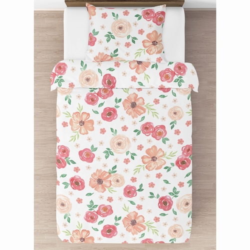 Watercolor Floral Peach and Green Collection Twin Bedding - alt image 1