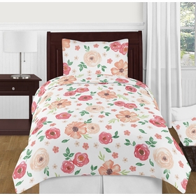 Watercolor Floral Peach and Green Collection Twin Bedding