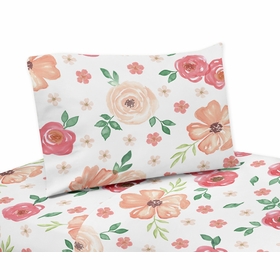 Watercolor Floral Peach and Green Collection Twin Sheet Set