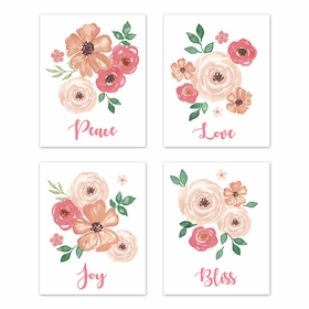 Watercolor Floral Peach and Green Collection Wall Art Prints - Set of 4