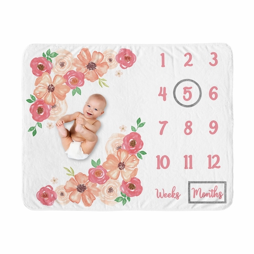 Watercolor Floral Peach And Green Monthly Milestone Baby Blanket