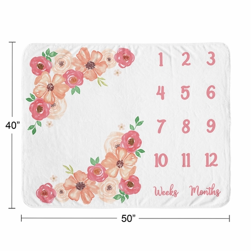 Watercolor Floral Peach And Green Monthly Milestone Baby Blanket - alt image 3