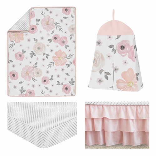 Watercolor Floral Pink and Grey 4 Piece Bumperless Crib Bedding Collection - alt image 1