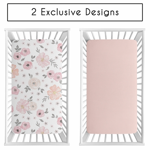 Watercolor Floral Pink and Grey Collection 100% Cotton Muslin 2 Pack Crib Sheets - alt image 1