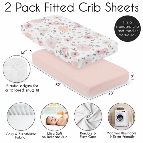 Watercolor Floral Pink and Grey Collection 100% Cotton Muslin 2 Pack Crib Sheets - alt image 3