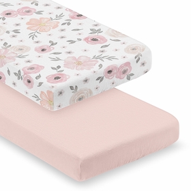 Watercolor Floral Pink and Grey Collection 100% Cotton Muslin 2 Pack Crib Sheets