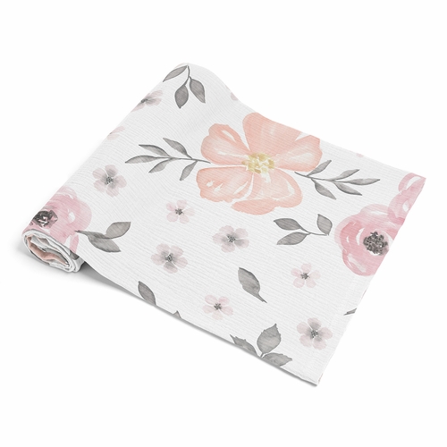 Watercolor Floral Pink and Grey Collection 100% Cotton Muslin Baby Swaddle Receiving Blanket
