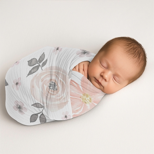 Watercolor Floral Pink and Grey Collection 100% Cotton Muslin Baby Swaddle Receiving Blanket - alt image 2