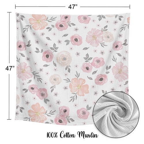 Watercolor Floral Pink and Grey Collection 100% Cotton Muslin Baby Swaddle Receiving Blanket - alt image 3