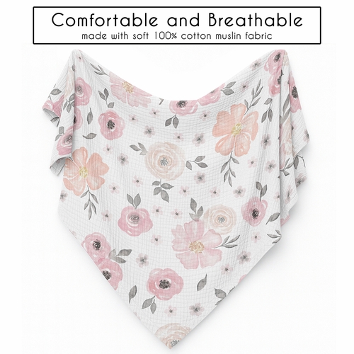Watercolor Floral Pink and Grey Collection 100% Cotton Muslin Baby Swaddle Receiving Blanket - alt image 4