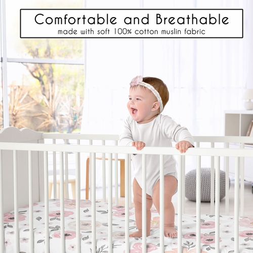 Watercolor Floral Pink and Grey Collection 100% Cotton Muslin Crib Sheet - alt image 1