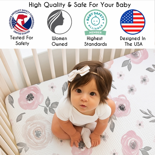 Watercolor Floral Pink and Grey Collection 100% Cotton Muslin Crib Sheet - alt image 2