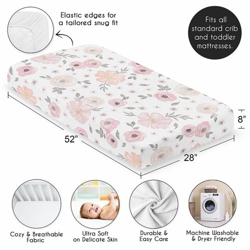 Watercolor Floral Pink and Grey Collection 100% Cotton Muslin Crib Sheet - alt image 3