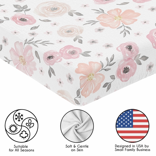 Watercolor Floral Pink and Grey Collection 100% Cotton Muslin Crib Sheet - alt image 4