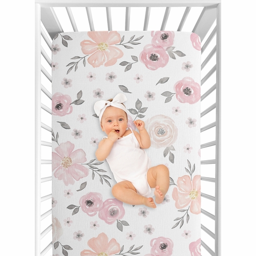 Watercolor Floral Pink and Grey Collection 100% Cotton Muslin Crib Sheet - alt image 5