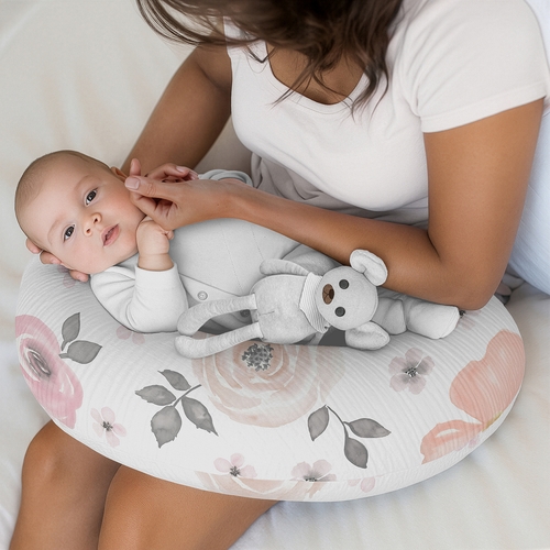 Watercolor Floral Pink and Grey Collection 100% Cotton Muslin Nursing Breastfeeding Pillow Cover Case (Pillow Not Included) - alt image 1