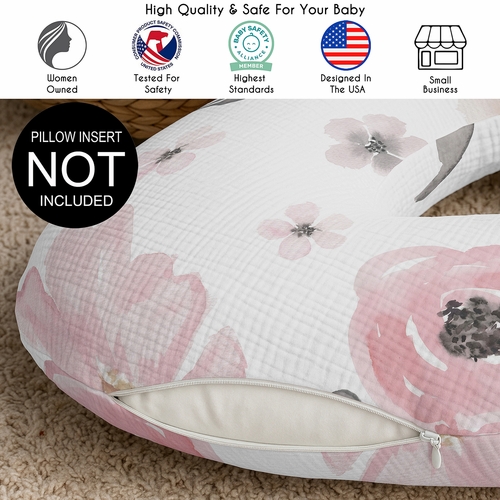 Watercolor Floral Pink and Grey Collection 100% Cotton Muslin Nursing Breastfeeding Pillow Cover Case (Pillow Not Included) - alt image 2