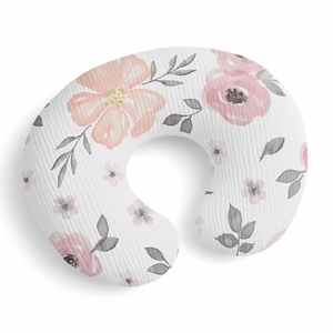 Watercolor Floral Pink and Grey Collection 100% Cotton Muslin Nursing Breastfeeding Pillow Cover Case (Pillow Not Included)