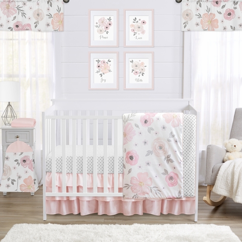 Watercolor Floral Pink and Grey Collection 11 Piece Crib Bedding