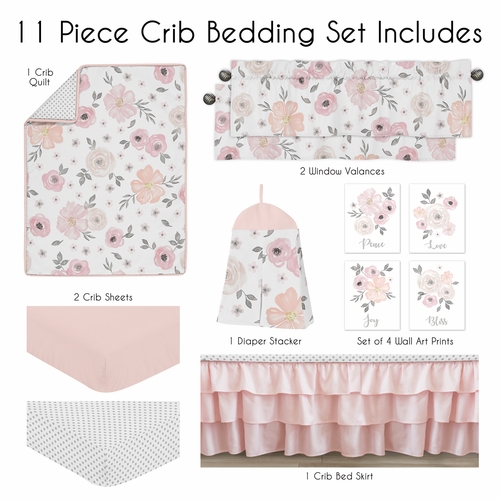 Watercolor Floral Pink and Grey Collection 11 Piece Crib Bedding - alt image 1