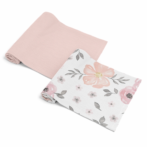 Watercolor Floral Pink and Grey Collection 2 Pack 100% Cotton Muslin Baby Swaddle Receiving Blankets
